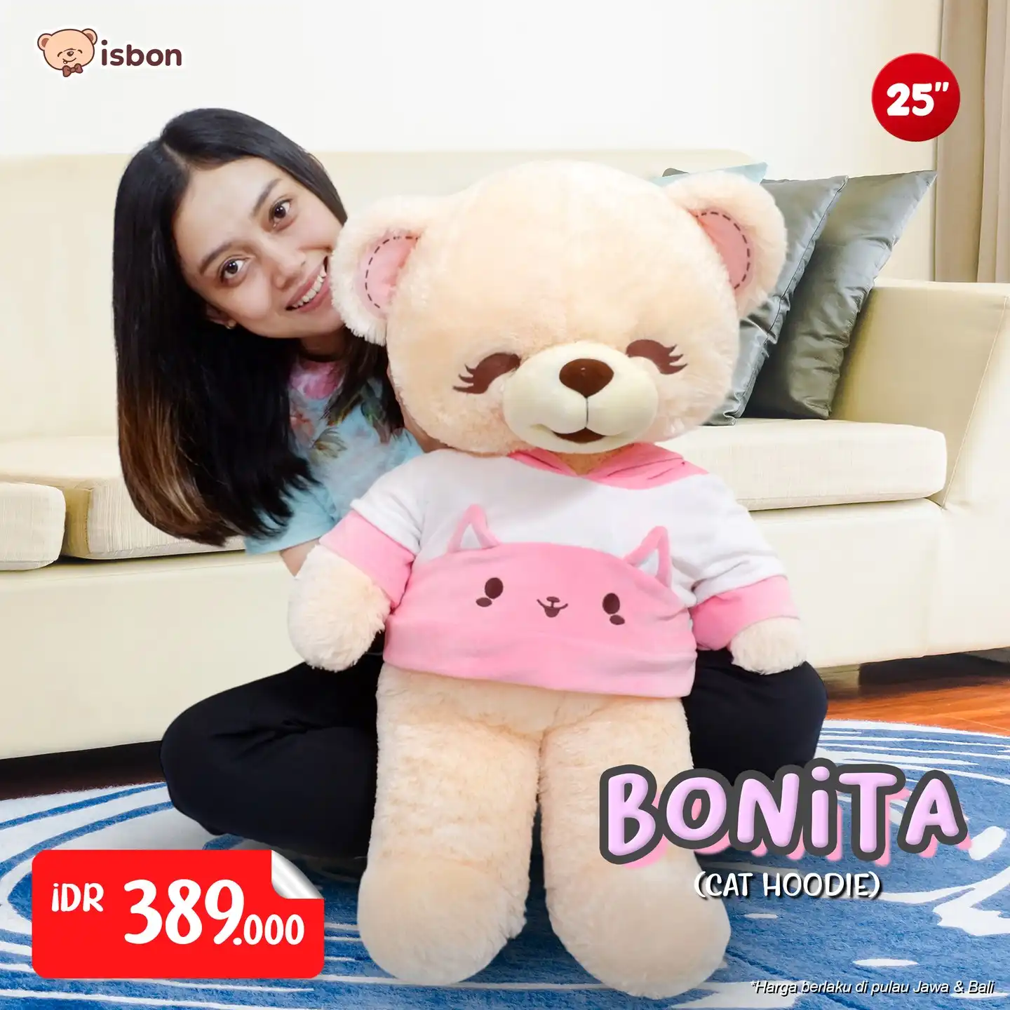 ISTANA BONEKA Beruang Boney Bonita Bear 63cm  Baju Hoodie Cat Pink